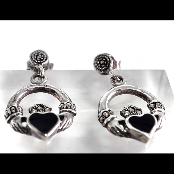 Vintage Sterling Silver, Marcasite & Black Onyx Claddagh Earrings - Picture 5 of 7